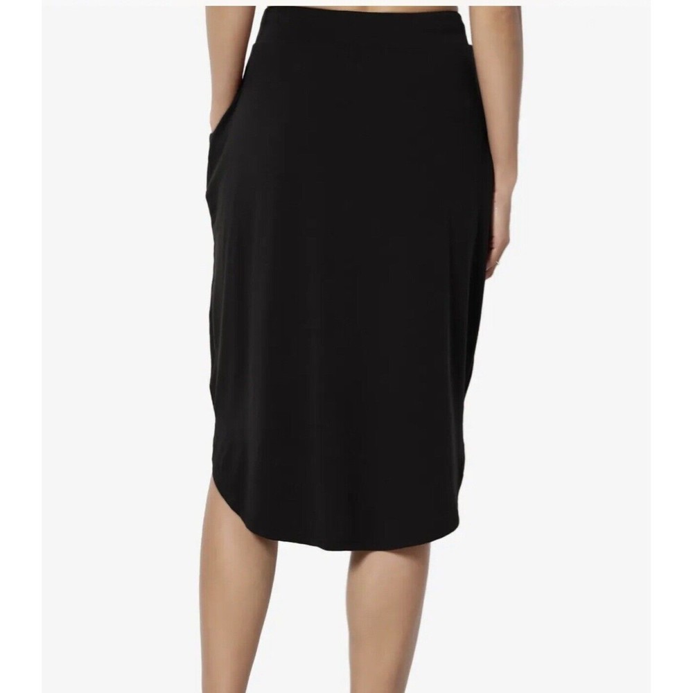 Women Drawstring Elastic Waist Dolphin Hem Stretch Jersey Midi Skirt Black L/XL - Picture 4 of 11